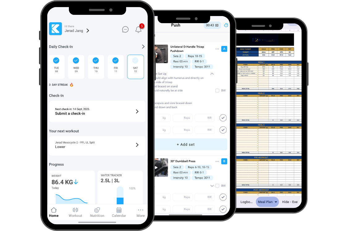 The Driven2Win client sheets on three phones: training program, meal plan and client dashboard