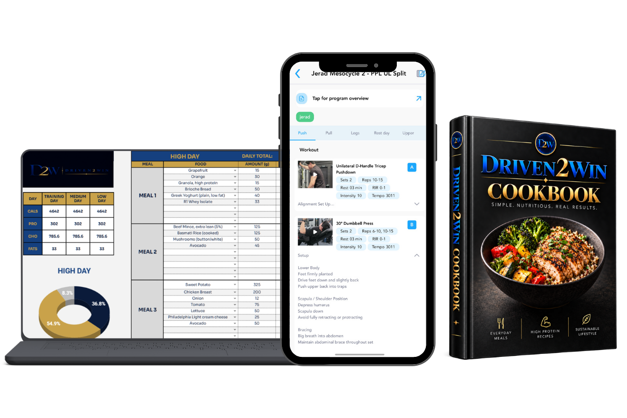 The Driven2Win online system: training session on a laptop, meal plan on a phone, and the D2W recipe book